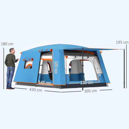 Outsunny 4-6 Man Camping Tent, Double Layer Tunnel Tent with Porch, Living Area and 2 Bedrooms, Sewn in Groundsheet, 3000mm Waterproof and UPF 30+, Portable with Bag, Blue