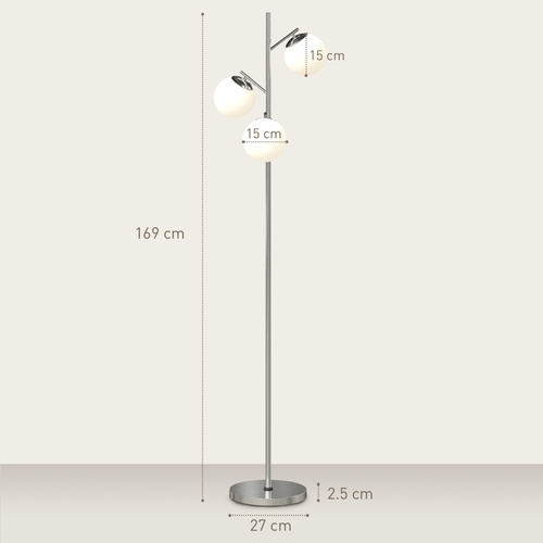 HOMCOM 3-Light Tree Floor Lamps for Living Room, Modern Standing Lamp for Bedroom with Globe Lampshade, 3000K/4000K/6000K Colour Temperatures, Steel Base, Silver Tone