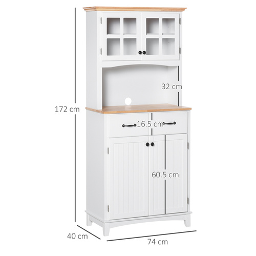 HOMCOM Freestanding Kitchen Cupboard, Kitchen Storage Cabinet with Framed Glass Doors, 2 Drawers, Microwave Counter, 172cm, White