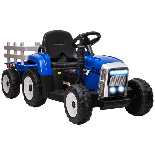 HOMCOM Ride On Tractor, Battery Powered Electric Car, with Detachable Trailer, Remote Control, Music, Blue