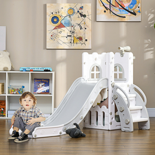 AIYAPLAY 5 in 1 Toddler Slide with Basketball Hoop, Climber, Telescope, Storage Basket, for Ages 1-3 Years, Grey