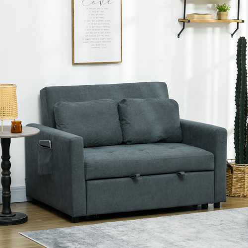 HOMCOM Loveseat Sofa Bed, Convertible Bed Settee with 2 Pillows, Side Pockets, Charcoal Grey
