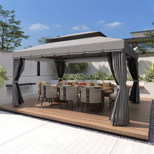Outsunny 3 x 4m Aluminium Garden Gazebo, Marquee Canopy Shelter Pavilion Party Tent with Nets and Curtains for Garden and Deck, Dark Grey