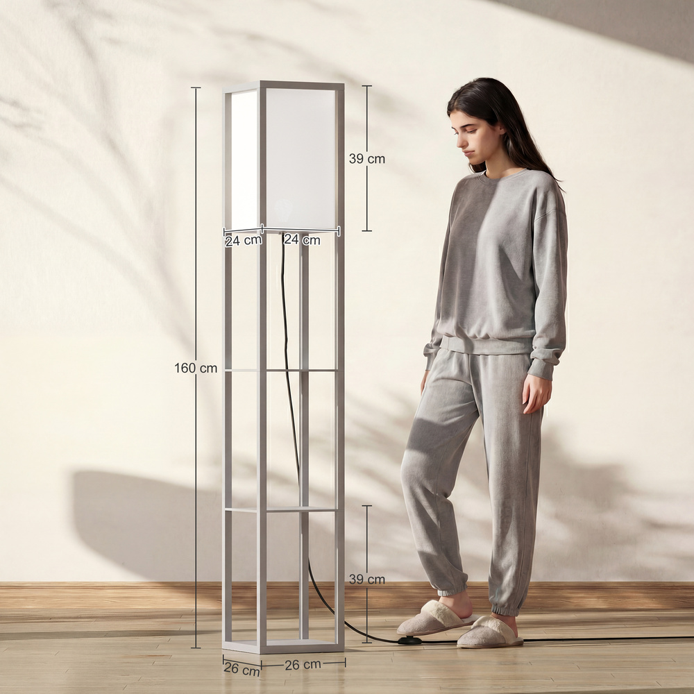 HOMCOM 3-Tier Floor Lamp, Floor Light with Storage Shelf, Reading Standing Lamp with Acrylic Shade for Living Room, Bedroom, Kitchen, Dining Room, Office, Dorm, 160cm, Grey