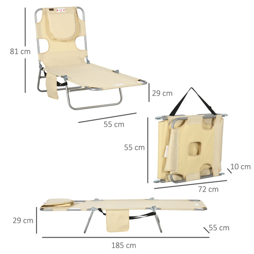 Outsunny Foldable Sun Lounger, Beach Chaise Lounge with Reading Hole, Arm Slots, 5-Position Adjustable Backrest, Side Pocket, Pillow for Garden, Beach, Camping, Beige