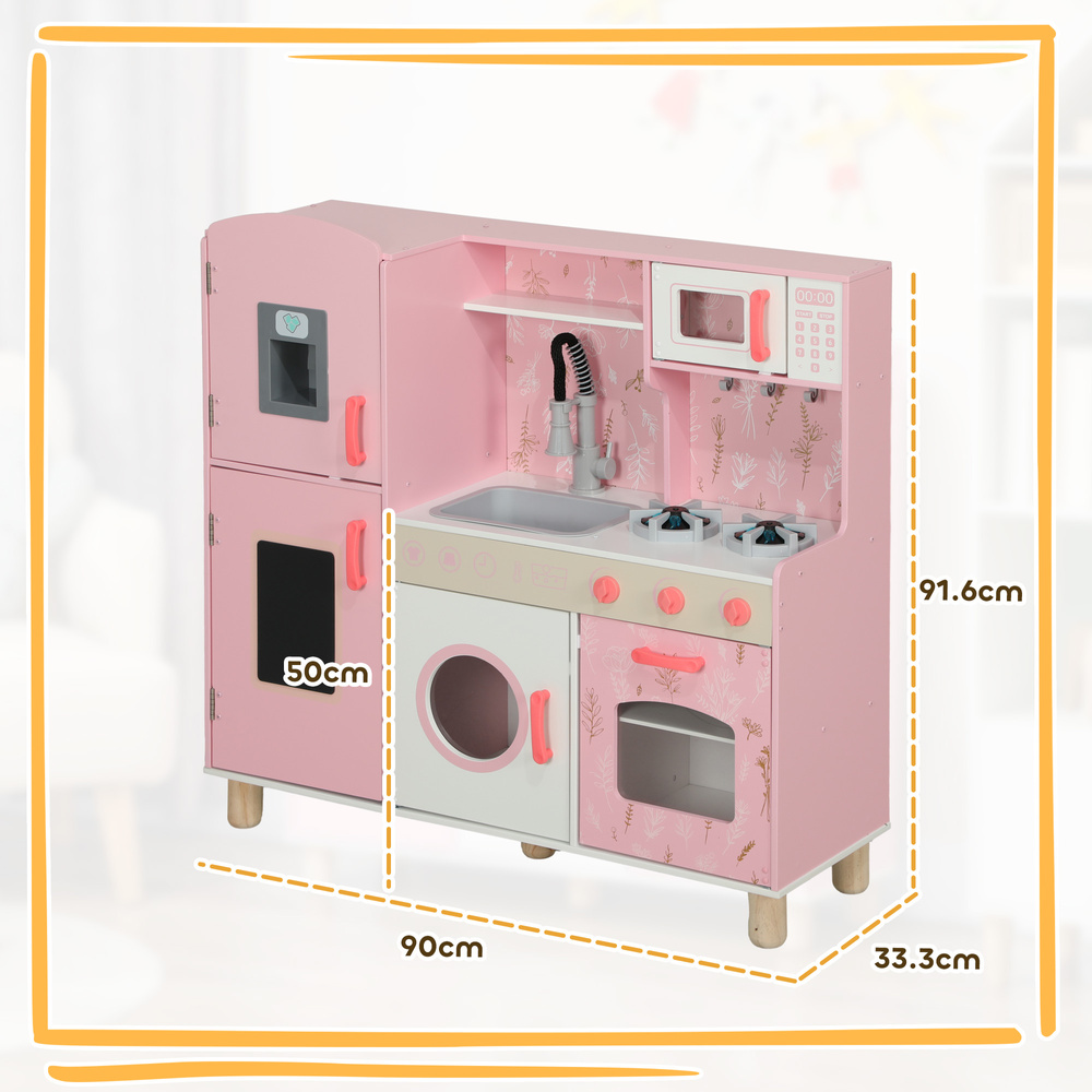 AIYAPLAY Play Kitchen, Kids Kitchen Set with Lights and Sounds, Double Stoves, Ice Maker, Chalkboard for 3+ Years, Pink