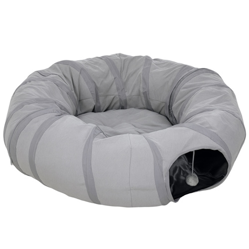 PawHut 2 in 1 Cat Tunnel with Bed, Cat Play Tunnel with Ball & Peek Hole for Indoor Cats, Grey