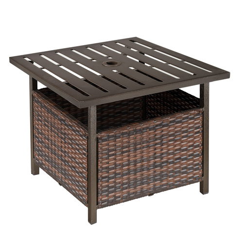 Outsunny Rattan Garden Coffee Table, 55.5 cm Square Wicker Patio Side Coffee Table with 4 cm Umbrella Hole, Metal Bottom and Slatted Top for Outdoor, Balcony, Brown