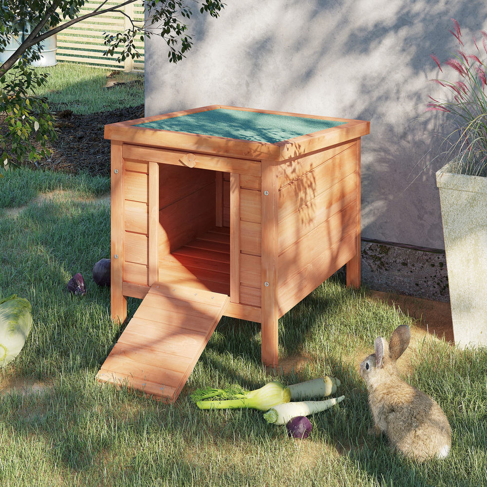 PawHut Wooden Rabbit Hutch Outdoor, Guinea Pig Hutch, Rabbit Hideaway, Cat House, Bunny Cage Small Animal House with Openable Roof, 51 x 42 x 43 cm, Natural