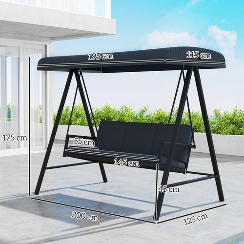 Outsunny Three-Seat Garden Swing Chair, with Adjustable Canopy - Dark Grey