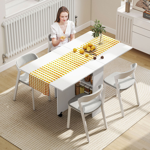 HOMCOM Folding Dining Table, Drop Leaf Table with 2-Tier Shelves, Rolling Casters, for Small Spaces, Kitchen, White