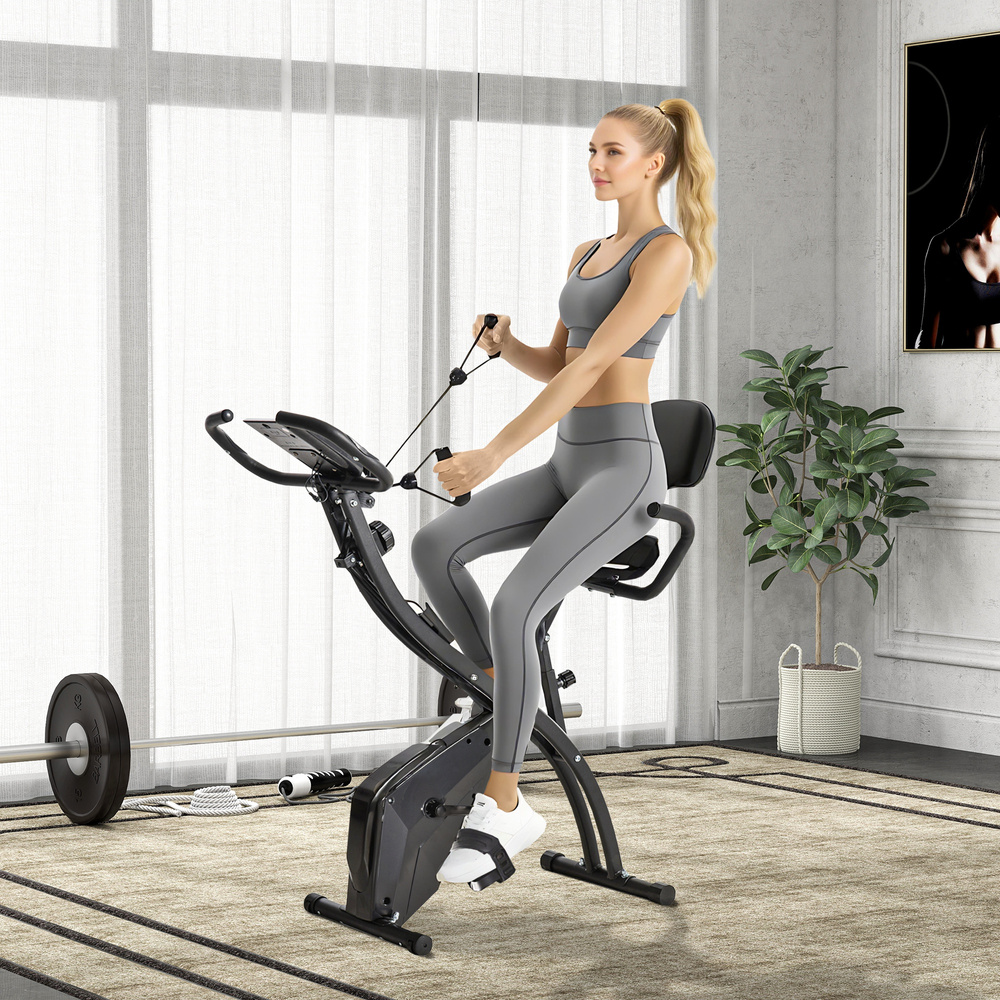 HOMCOM 2-in-1 Folding Exercise Bike with 8-Level Magnetic Resistance, Arm Resistance Band, Pulse Sensor, Black