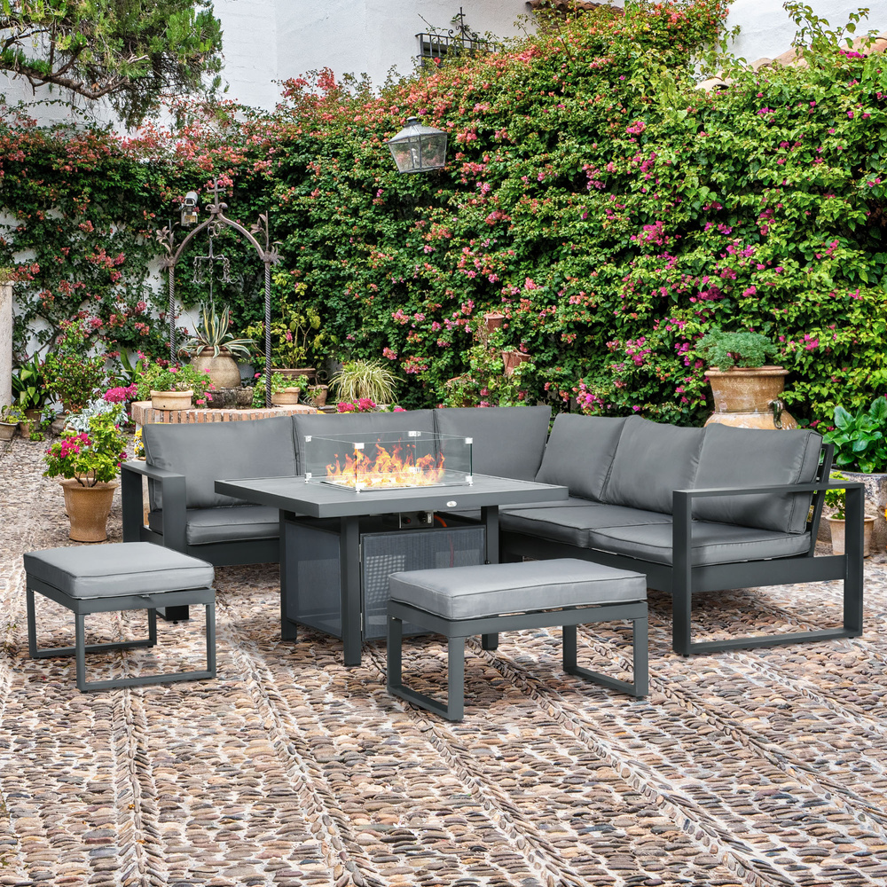 Outsunny 6-Piece Aluminium Garden Furniture Set with Fire Pit Table, Outdoor Dining Sofa Set with Cushions, Loveseats and Footstools, Sectional Corner Conservatory Furniture for Patio, Grey