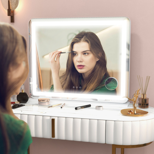 HOMCOM Vanity Mirror with Lights, Large 80x62 cm Lighted Makeup Mirror with 3 Colour, 10X Magnifying, USB Charging Port, Touch Screen, Tabletop or Wall Mounted Design, White