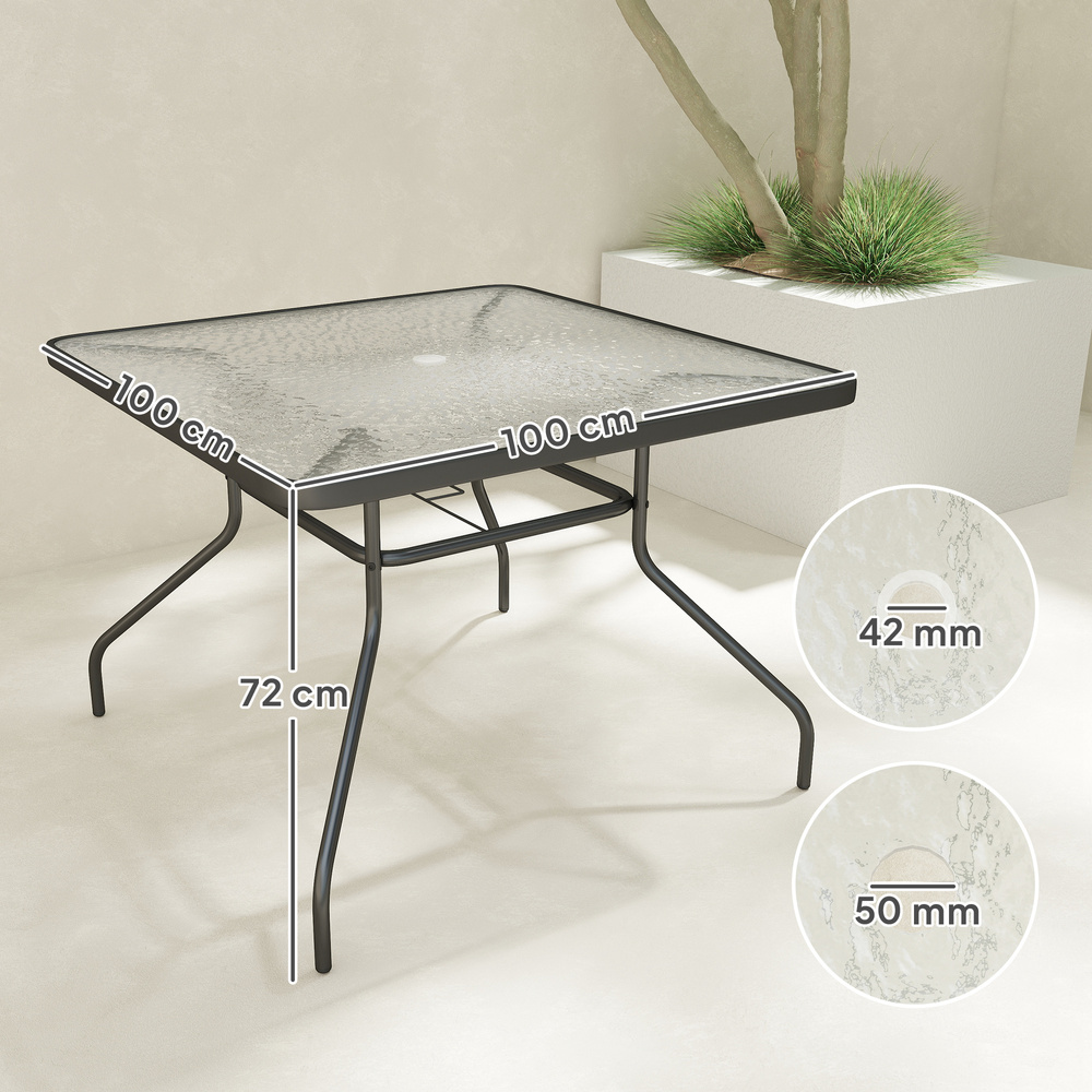 Outsunny Square Garden Dining Table with Tempered Glass Top & Umbrella Hole, 100 x 100 cm
