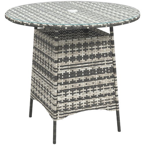 Outsunny Wicker Garden Rattan Table, Patio Furniture Outdoor Coffee Table with Umbrella Hole and Tempered Glass Top, Grey