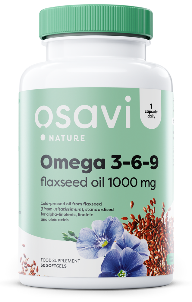 Osavi Omega 3-6-9 Flaxseed Oil 1000mg Olej Lniany Wspiera Prawidłowe Trawienie Wykazuje Właściwośći  Antyoksydacyjne 60 Kapsułek