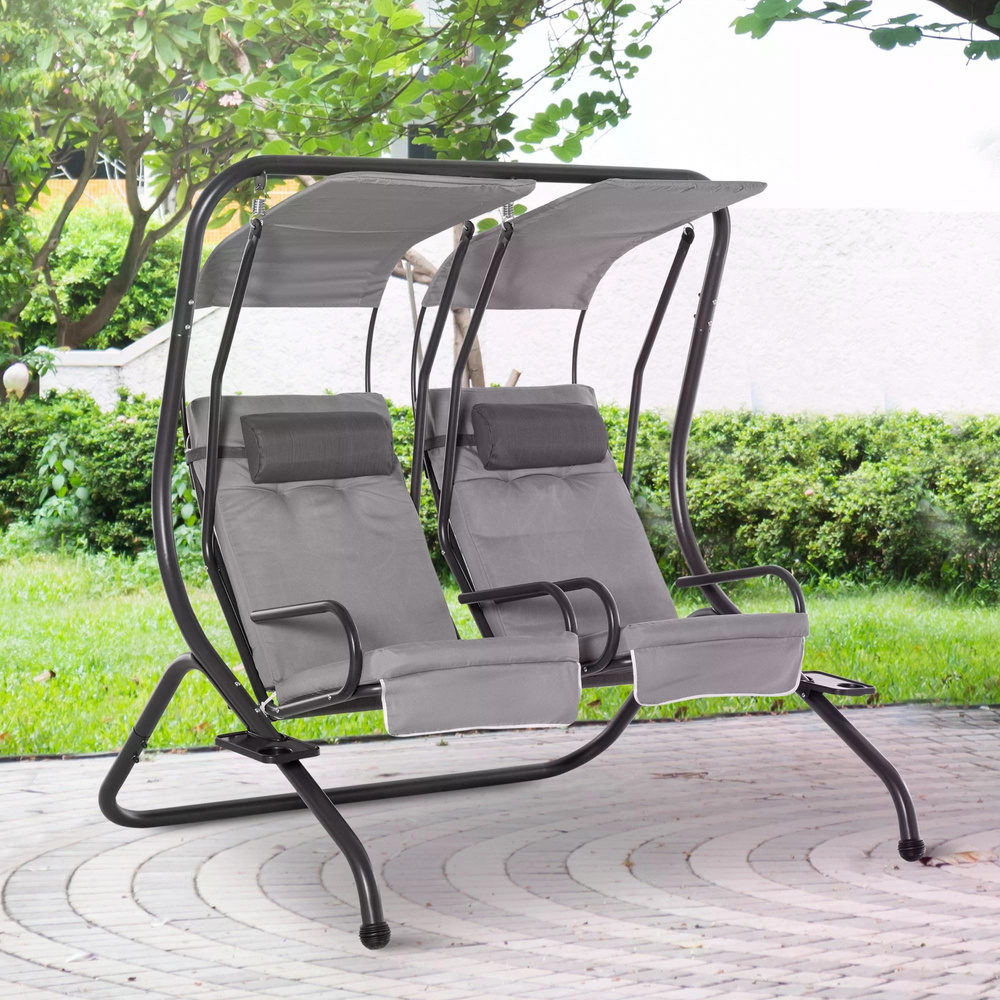 Outsunny Canopy Swing 2 Separate Relax Chairs w/ Handrails and Removable Canopy Grey