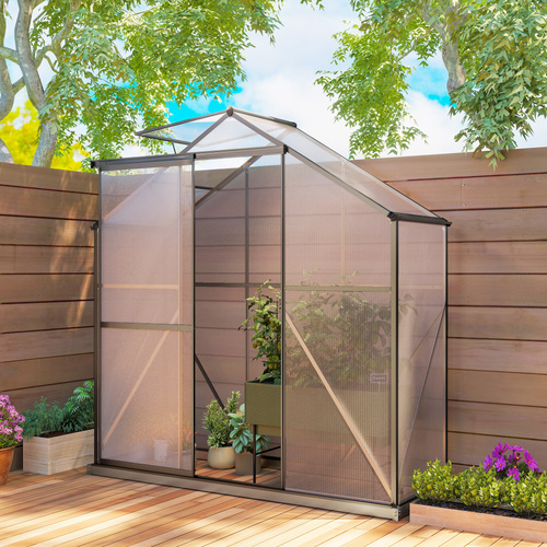 Outsunny 6 x 2.5ft Polycarbonate Greenhouse Walk-In Green House with Rain Gutter, Sliding Door, Window, Foundation, Dark Grey
