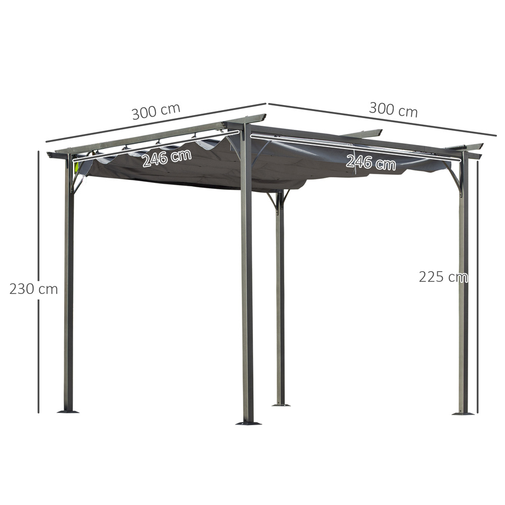 Outsunny 3 x 3(m) Metal Retractable Pergola, Garden Gazebo Metal Pergola Canopy Outdoor Sun Shade Shelter for Party BBQ, Grey