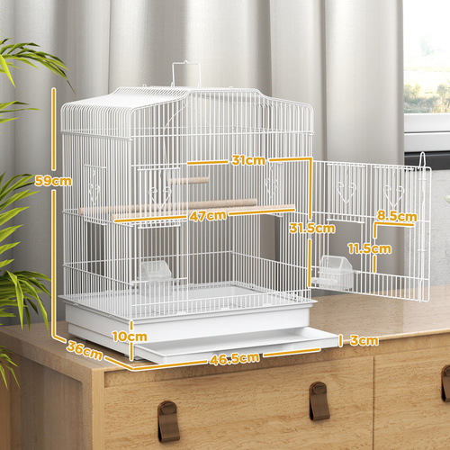 PawHut Large Metal Bird Cage with Perches, Food Bowls, Swing, for Budgies, Parakeets, White