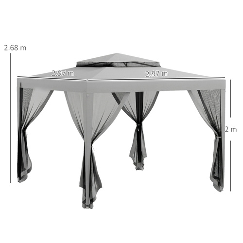 Outsunny 3 x 3 m Gazebo, Netting Party Tent, Patio Canopy Outdoor Event Shelter with Double Tier Roof, Light Grey