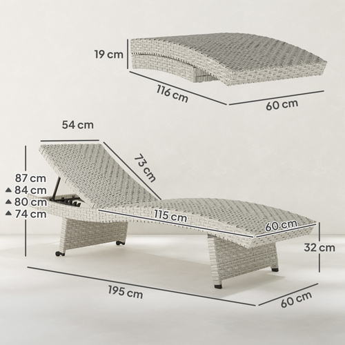 Outsunny Outdoor PE Rattan Sun Lounger, Folding Wicker Garden Lounger Recliner with 4-Level Adjustable Backrest, Rolling Sunbed Lounge Chair with Wheels, Non-Slip Legs for Balcony, Beach, Grey