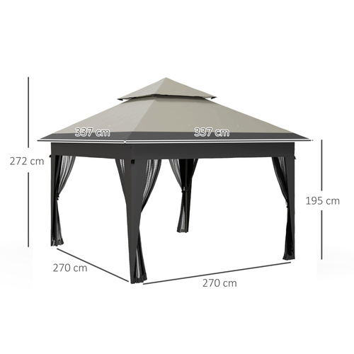 Outsunny 3 x 3(m) Pop Up Gazebo with Mosquito Netting, 1 Person Easy up Marquee Party Tent with 1-Button Push, Double Roof, Carry Bag, Sandbags, Height Adjustable Instant Shelter, Grey