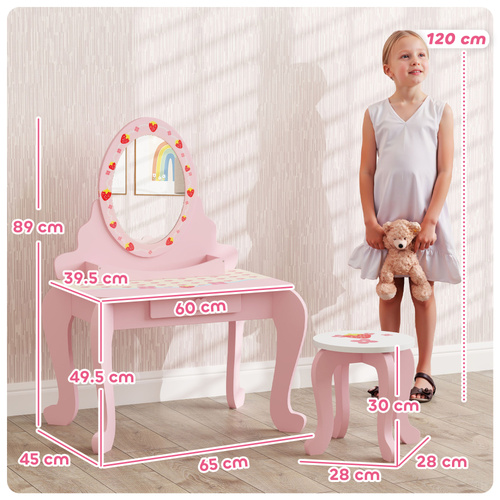 AIYAPLAY Kids Dressing Table Set, Vanity Table with Stool, Mirror, Drawer, Desktop, Storage, Strawberry-Theme, Pink