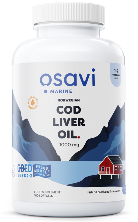 Osavi Norwegian Cod Liver Oil Softgels 1000mg Wspiera Pracę Serca Mózgu i Prawidłowe Widzenie Smak Cytrynowy 180 Kapsułek