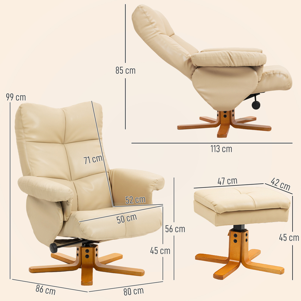 HOMCOM PU Leather Swivel Recliner Chair with Footstool, Wooden Base and Storage for Living Room, Beige
