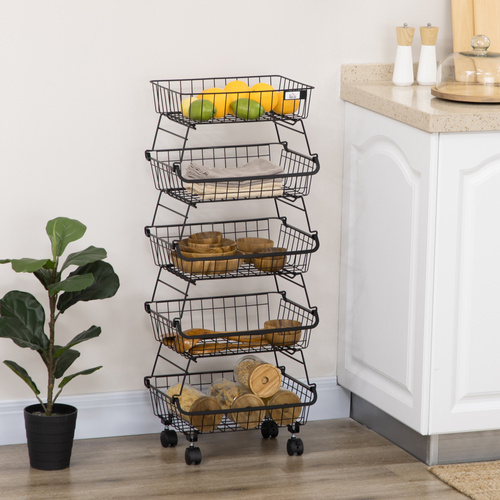 HOMCOM 5 Tier Storage Trolley, Stackable Fruit Vegetable Cart for Kitchen, Living Room, 40 x 2 x 97 cm, Black