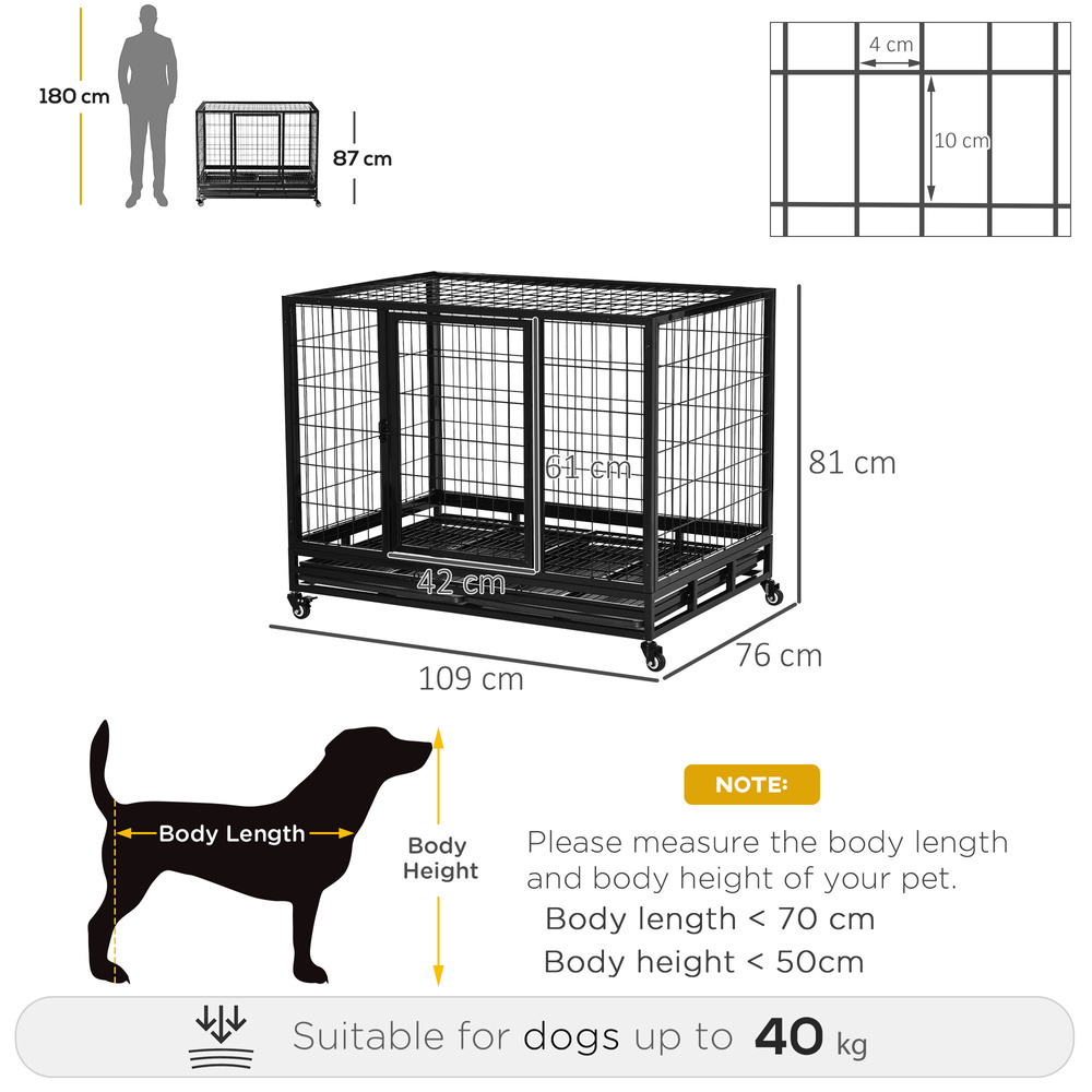 PawHut 43" Heavy Duty Metal Dog Crate Pet Cage with Tray Wheeled Dog Kennel - Black (Large)