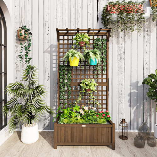 Outsunny Raised Bed with Drainage Holes, Wood Planter with Trellis for Climbing Plants to Grow Vegetables, Flowers, Brown