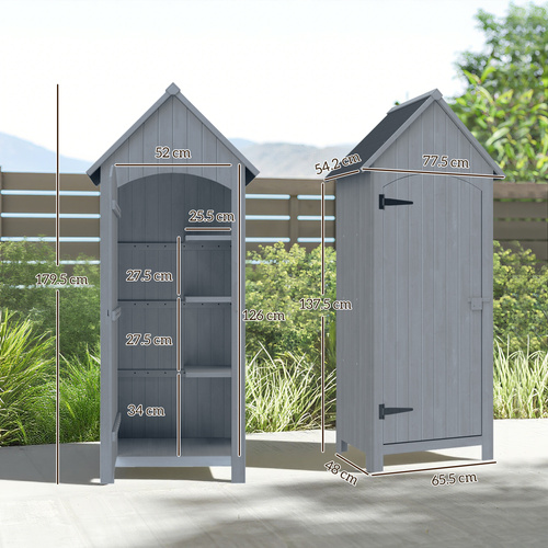 Outsunny Wooden Garden Storage Shed with 3 Shelves, Outdoor Tool Storage Cabinet with Tilt Roof and Lockable Door, 77.5 x 54.2 x 179.5 cm, Grey