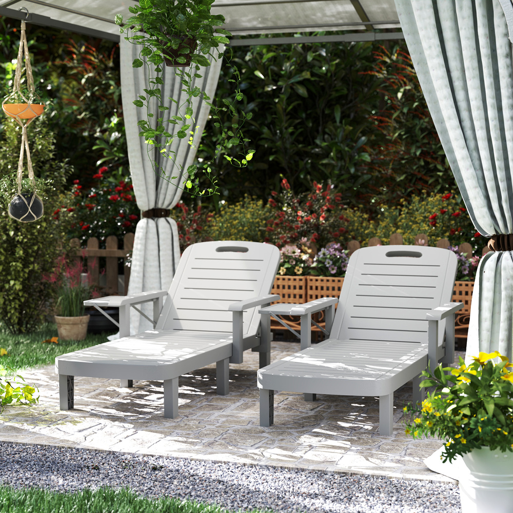 Outsunny Set of 2 Resin Reclining Sun Loungers for Garden, 5 Positions Adjustable Outdoor Chaise Lounge Chairs with Wood Texture Surface, Armrests, Foldable Side Table for Garden, Beach, Light Grey