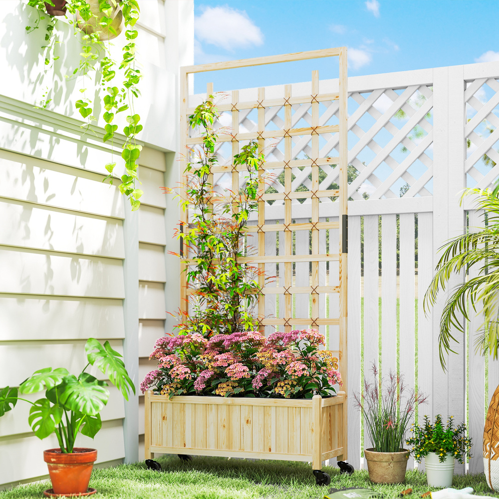 Outsunny Wooden Trellis Planter, Raised Garden Bed with Wheels, to Climb and Grow Vegetables, Herbs and Flowers, Natural