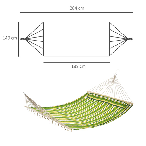 Outsunny Double Cotton Hammock Camping Swing Outdoor Garden Beach Stripe Hanging Bed with Pillow, 188 x 140 cm, 180 KG Capacity, Green