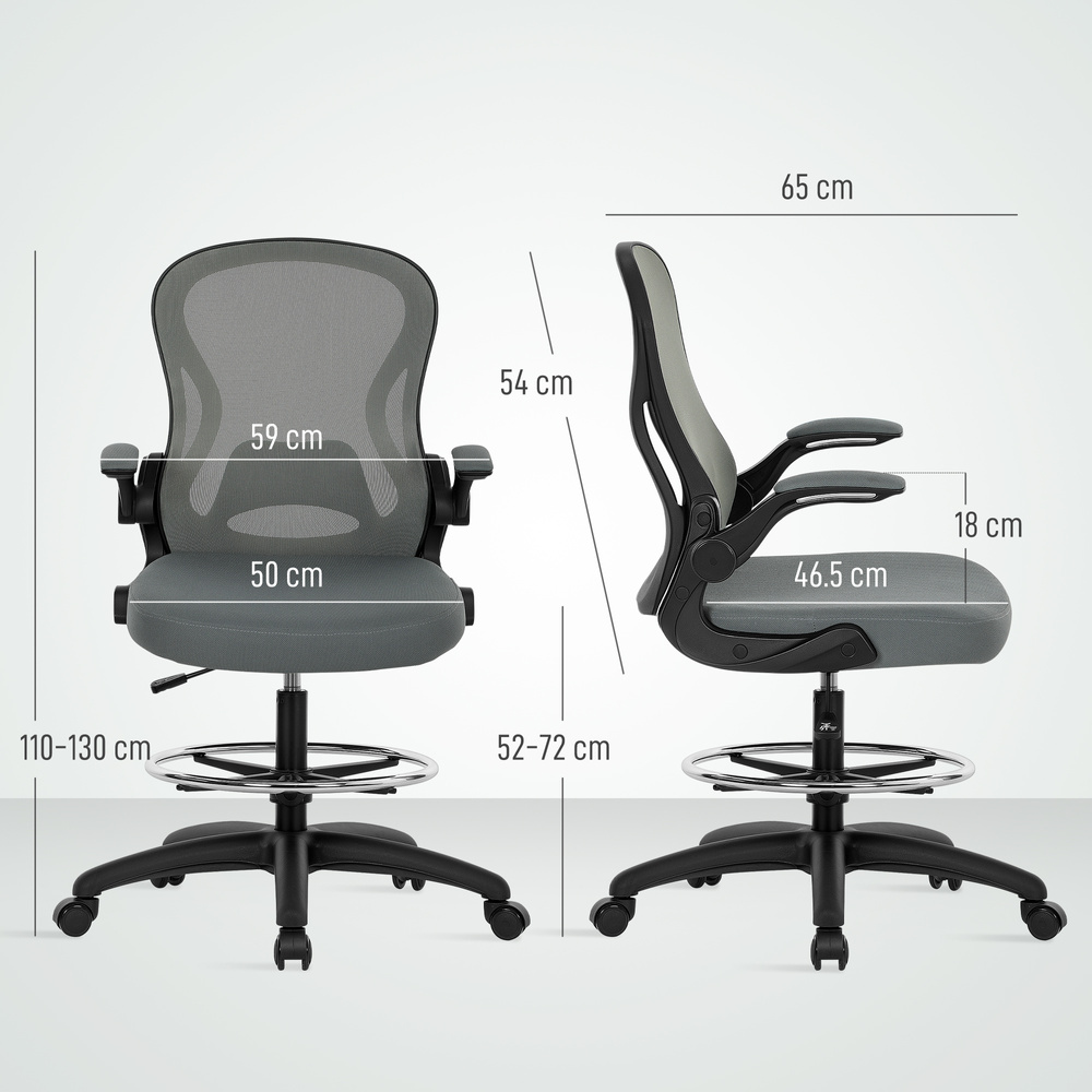 Vinsetto Drafting Chair, Ergonomic Tall Office Chair with Flip-up Armrests, Mesh Back, Lumbar Support, Adjustable Height and Foot Ring, Swivel Wheels, for Standing Desk, Charcoal Grey