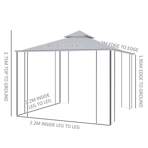 Outsunny 3(M)x3(M) Garden Gazebo Double Top Outdoor Canopy Patio Event Party Wedding Tent Backyard Sun Shade with Netting - Grey