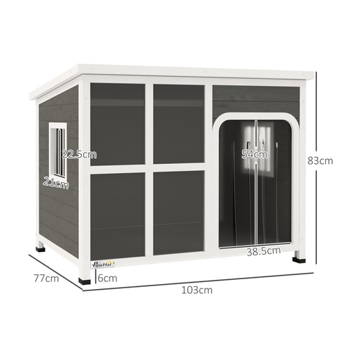 PawHut Wooden Outdoor Dog House, with Asphalt Openable Top, Removable Floor, Clear Front Panel, Curtain, 103 x 77 x 83cm