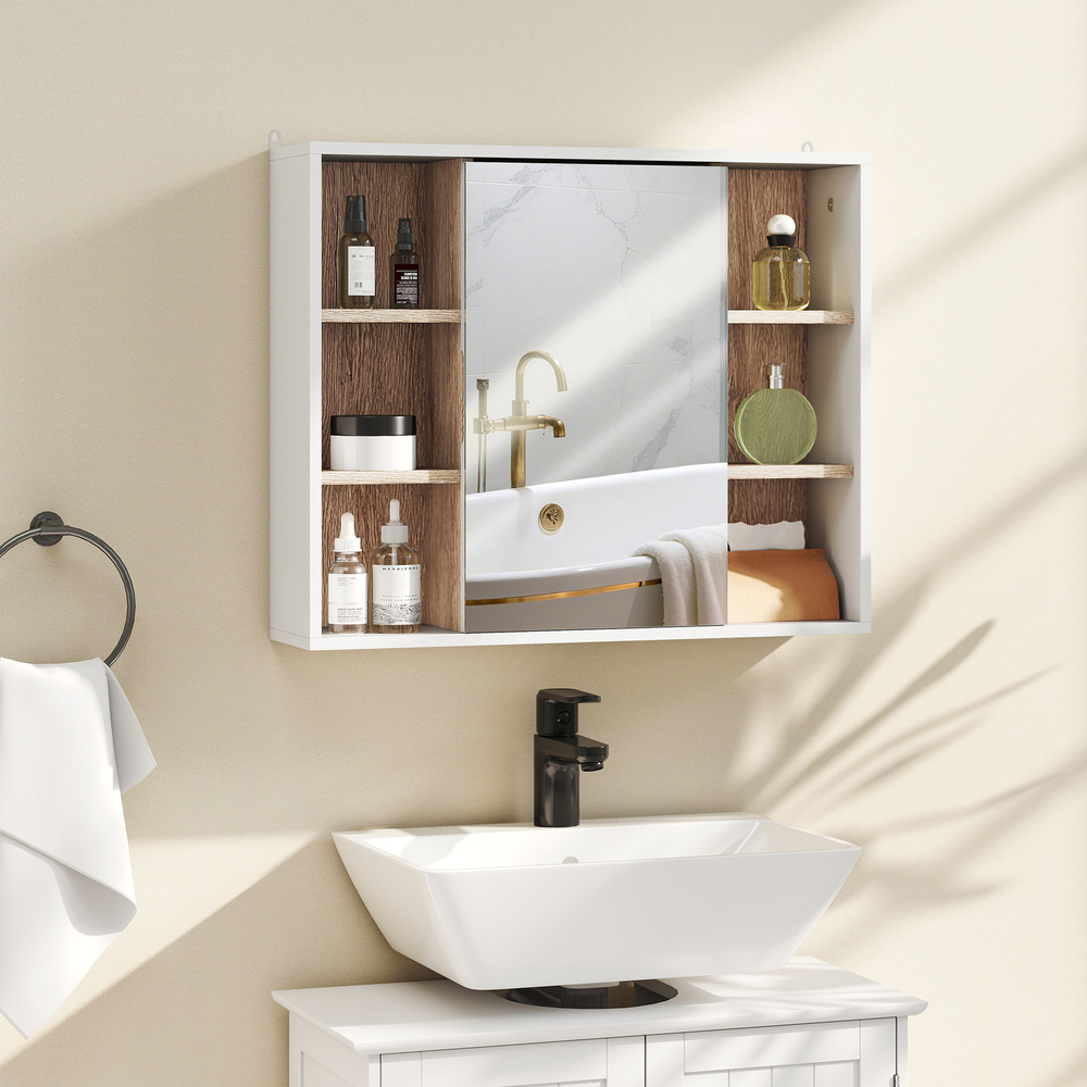 HOMCOM Bathroom Mirror Cabinet, Wall Mounted Storage Cabinet with Open Cupboard and Adjustable Shelf, White