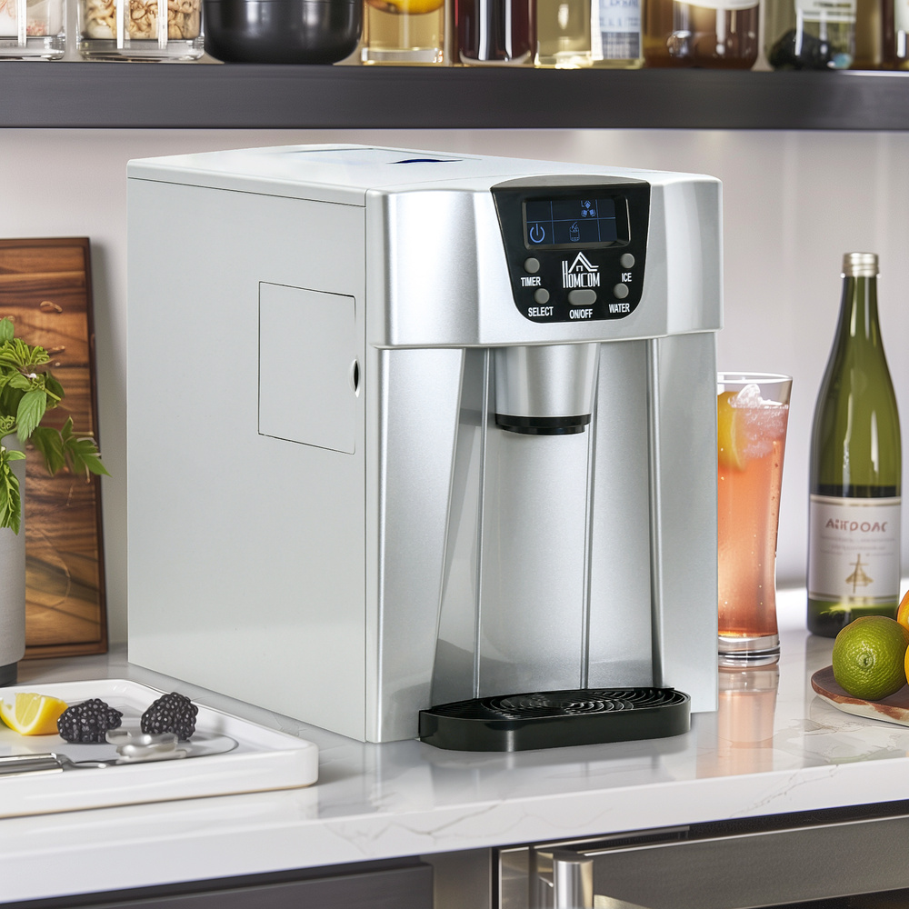 HOMCOM 3L Ice Maker Machine and Water Dispenser, 12kg in 24H, 2 Sizes 9 Ice Cubes Ready in 6-10 Mins Ice Machine, Silver