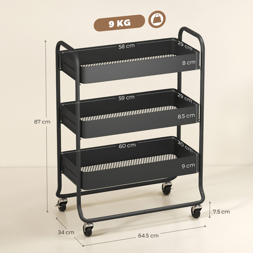 HOMCOM 3-Tier Storage Trolley on Wheels, Rolling Utility Cart with Mesh Backets for Kitchen, Bathroom, Bedroom, Black