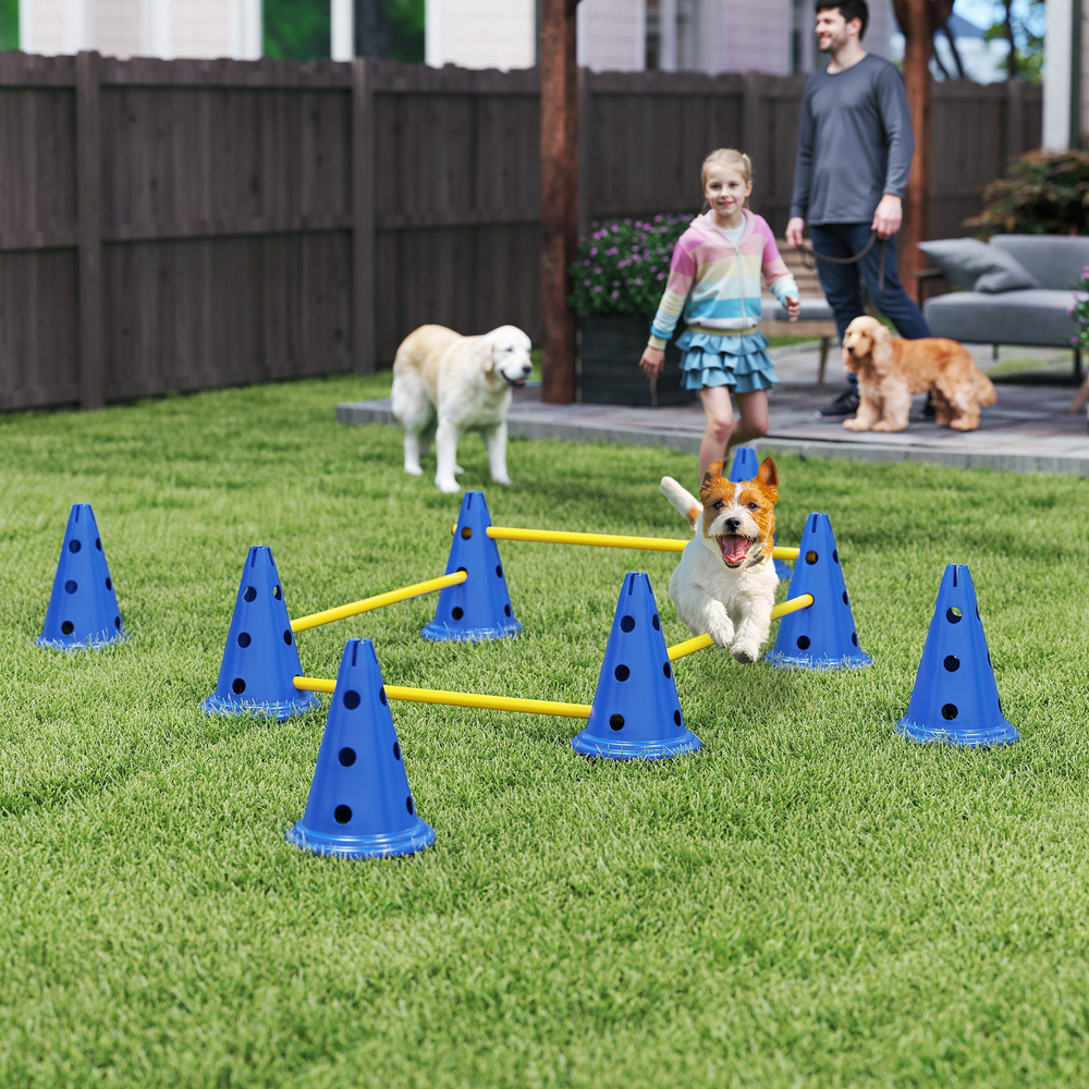 PawHut Dog Agility Equipment Set of Eight Cones, Eight Poles w/ Carry Bag, Four-Piece Adjustable Height Jumping Obstacles Blue