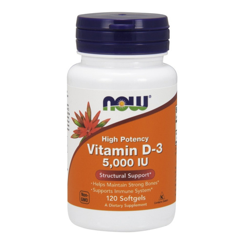 Now Foods Vitamin D-3 5000 IU Wspiera Odporność Mięśnie i Pracę Mózgu 120 Kapsułek