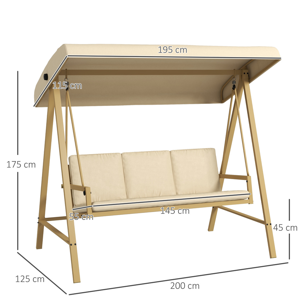 Outsunny Three-Seat Garden Swing Chair, with Adjustable Canopy - Beige