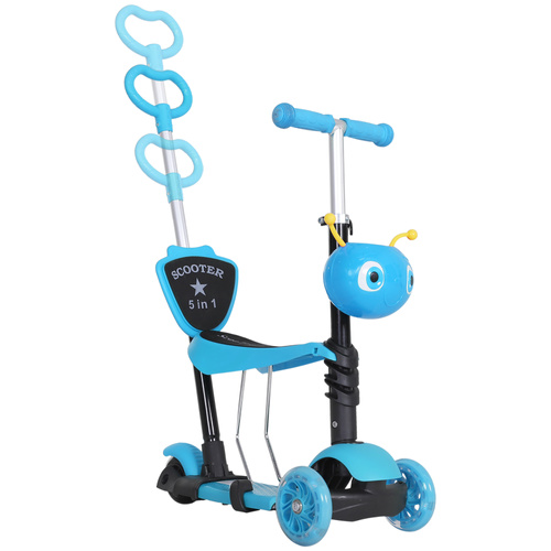 HOMCOM Adjustable Kids Toddler Scooter, with Removable Seat, Back Handle, Blue