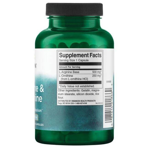 Swanson L-Arginina i L-Ornityna 750mg na Wsparcie Metabolizmu 100 Kapsułek