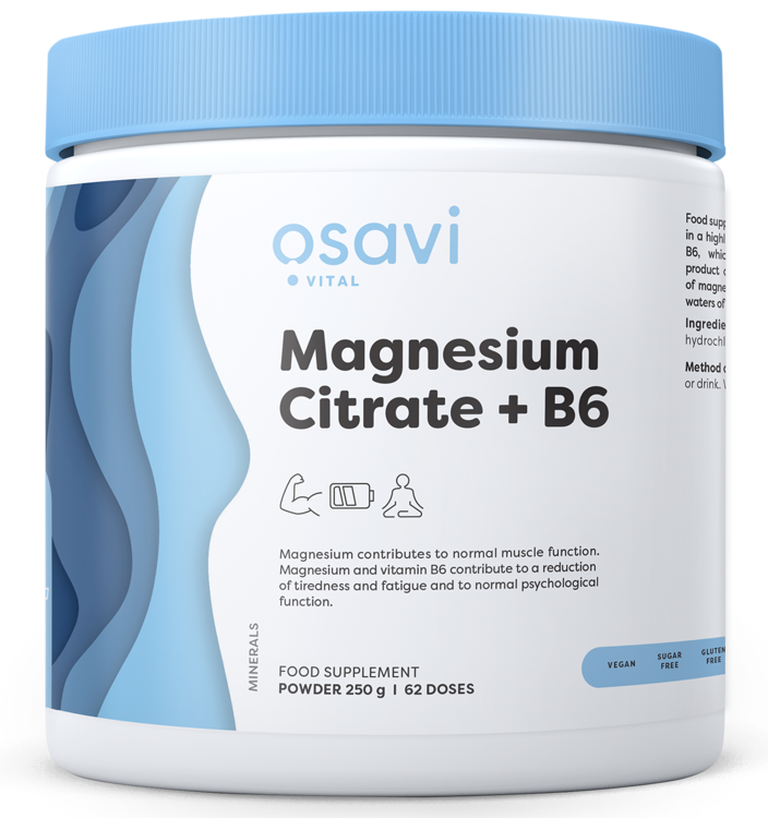 Osavi Magnesium Citrate + B6 Powder Cytrynian Magnezu Wspiera Pracę Mięśni i Układ Nerwowy 250g